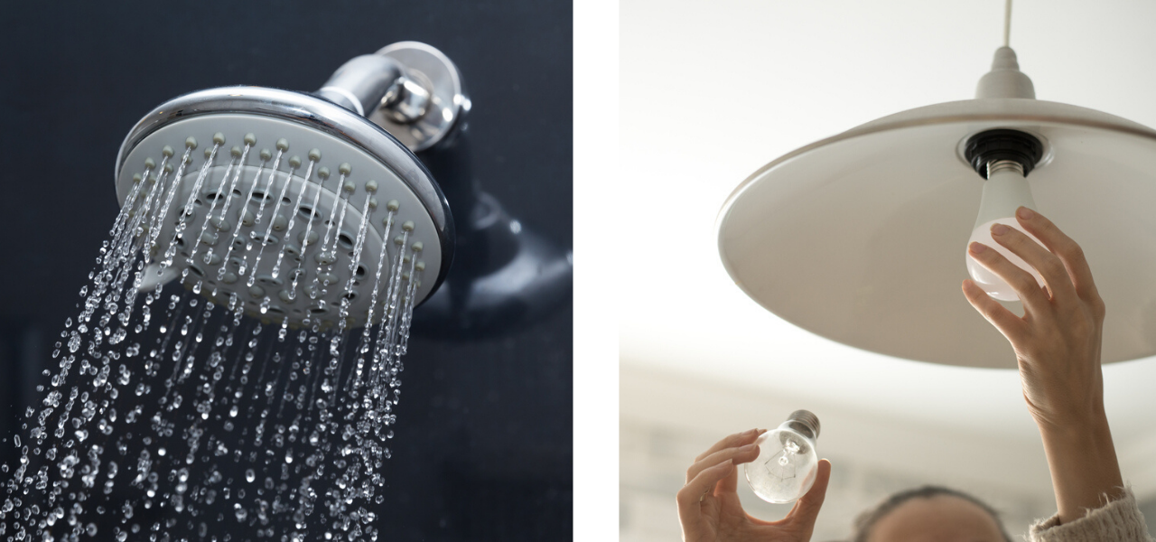 Energy saving shower head and energy efficient light bulb