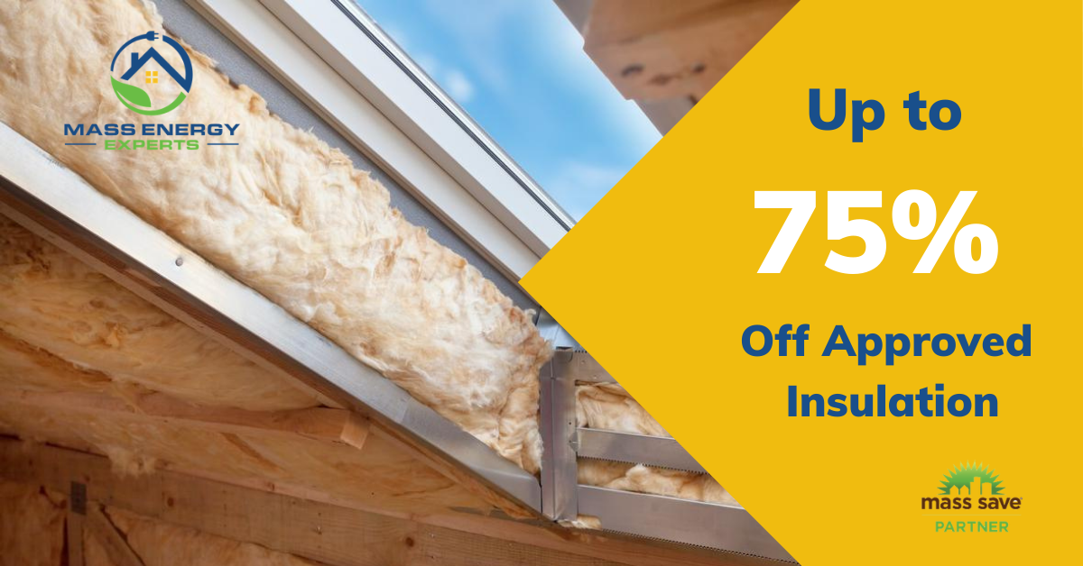promo up to 75% to 90% off approved insulation, blow-in insulation in background
